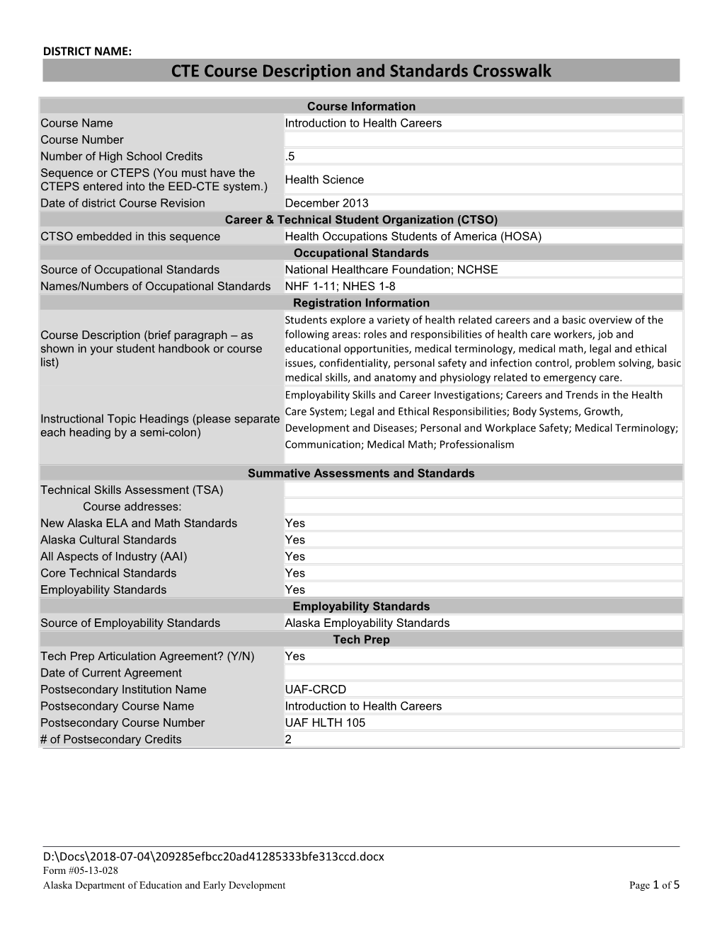 CTE Course Description and Standards Crosswalk