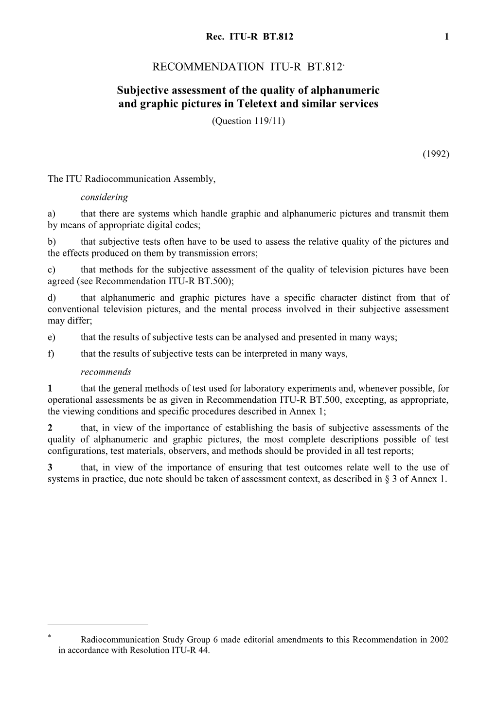 RECOMMENDATION ITU-R BT.812 - Subjective Assessment of the Quality of Alphanumeric And