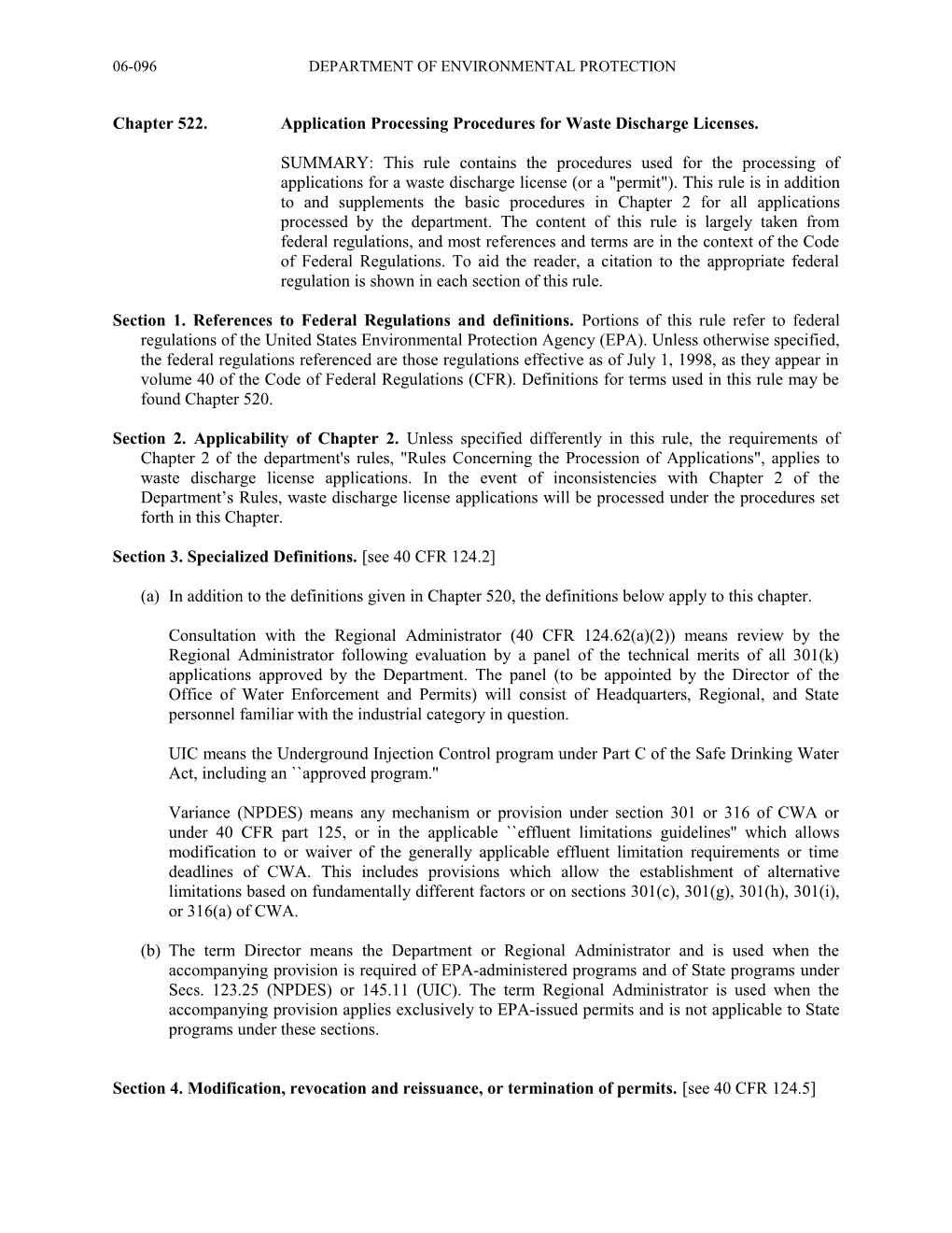 Chapter 522.Application Processing Procedures for Waste Discharge Licenses