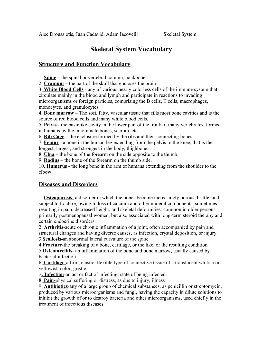 Skeletal System Vocabulary