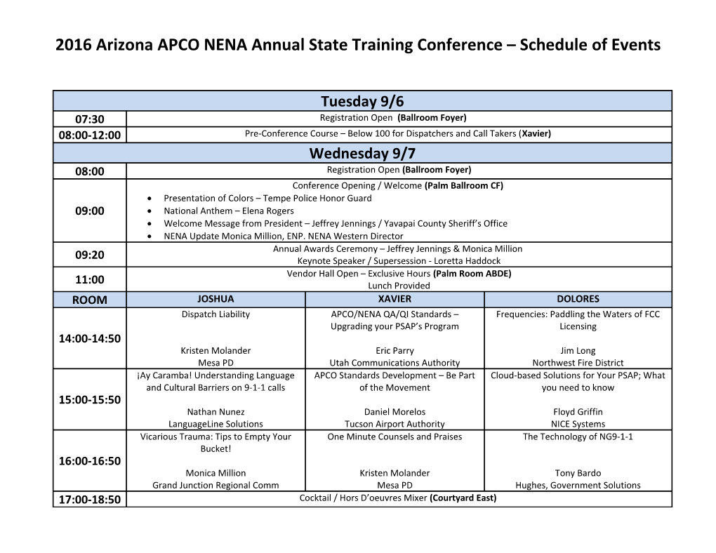 2016 Arizona APCO NENA Annual State Training Conference Schedule of Events