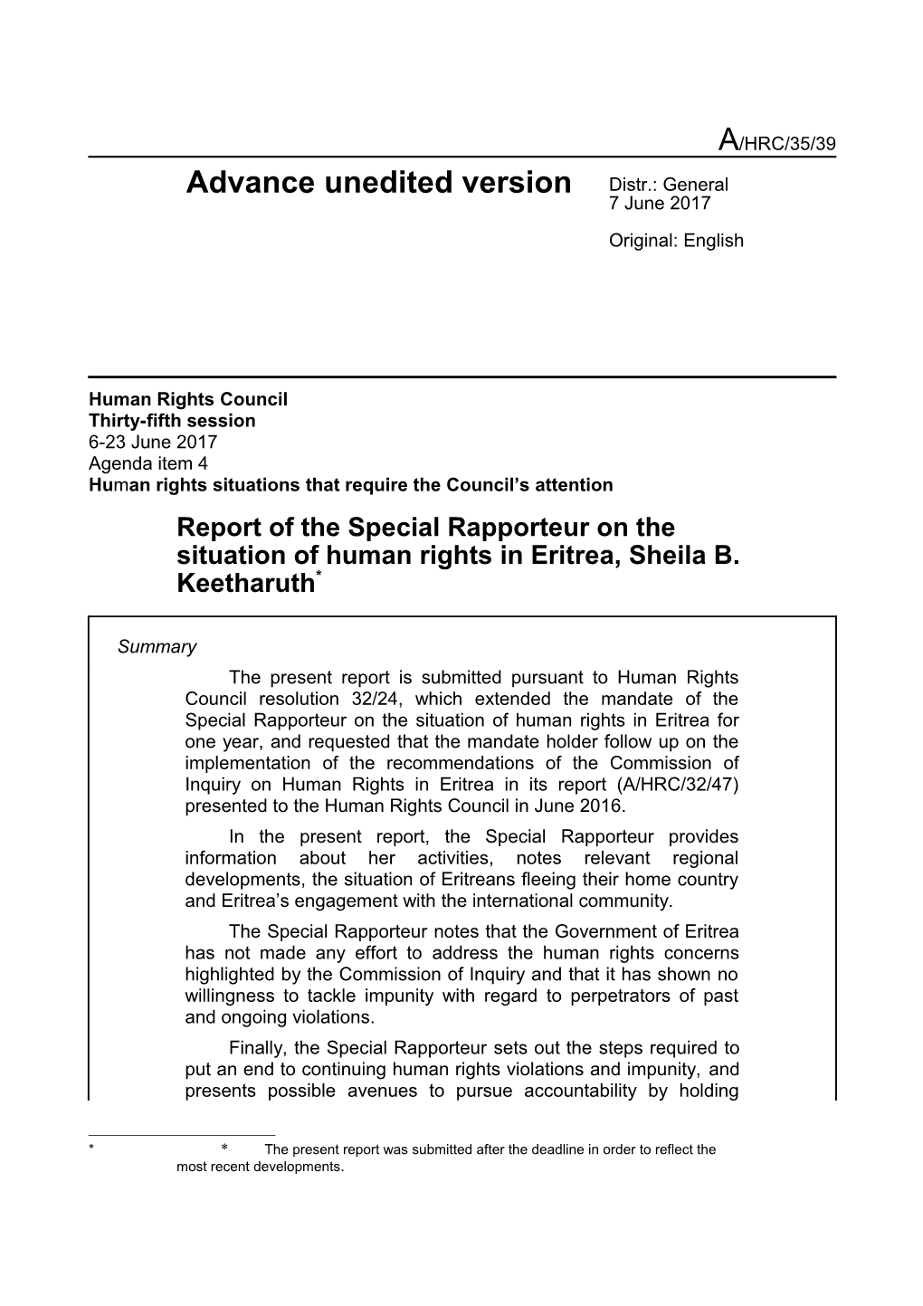 Report of the Special Rapporteur on the Situation of Human Rights in Eritrea