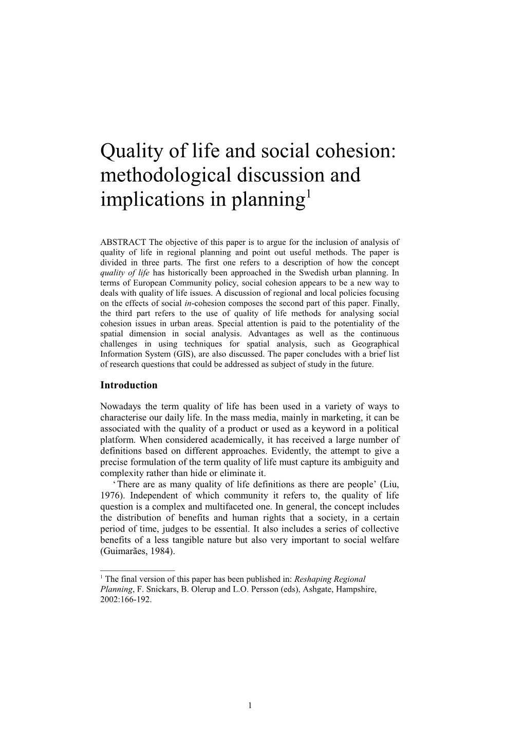 Social Cohesion and Quality of Life