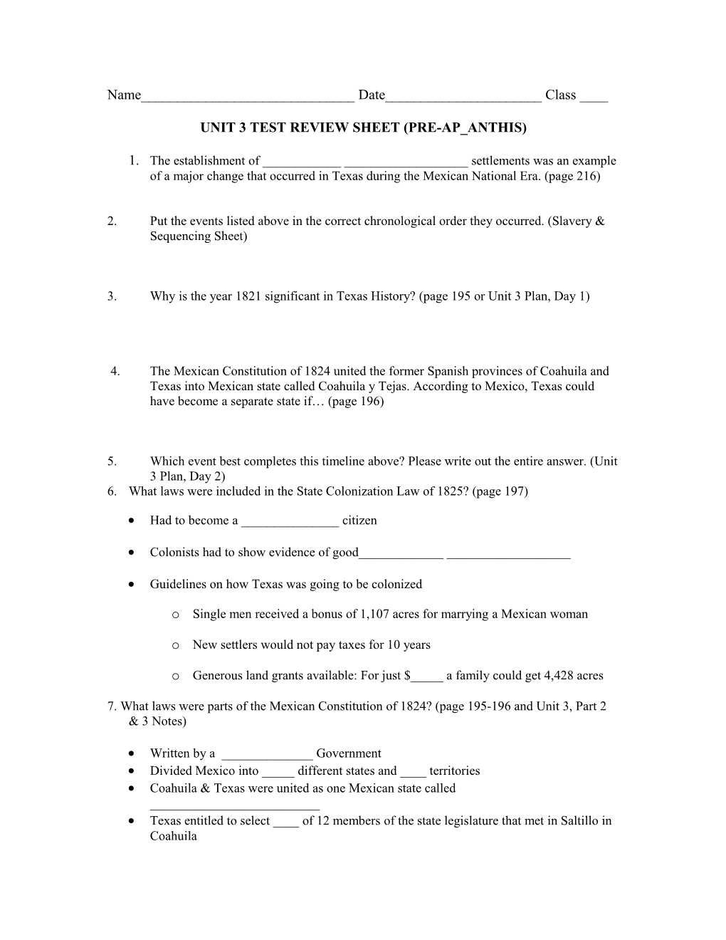 Unit 3 Test Review Sheet (Pre-Ap Anthis)