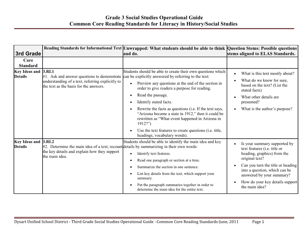 Grade 3 Social Studies Operational Guide Common Core Reading Standards for Literacy In