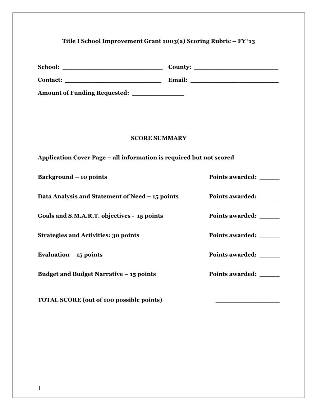 Title I School Improvement Grant 1003(A) Scoring Rubric FY 13