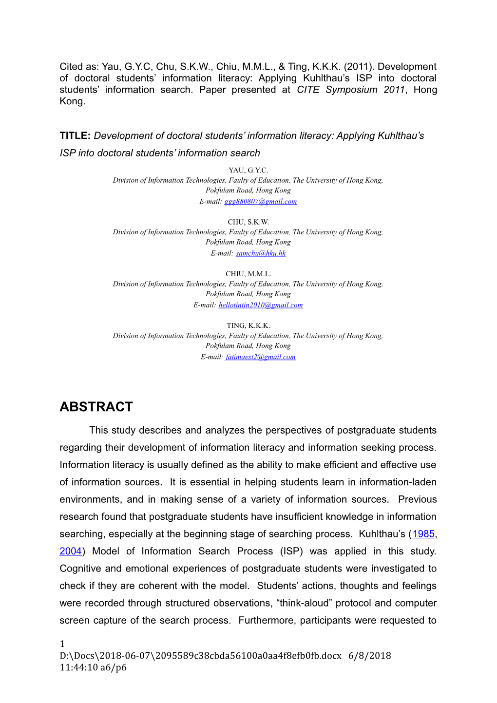 Division of Information Technologies, Faulty of Education, the University of Hong Kong