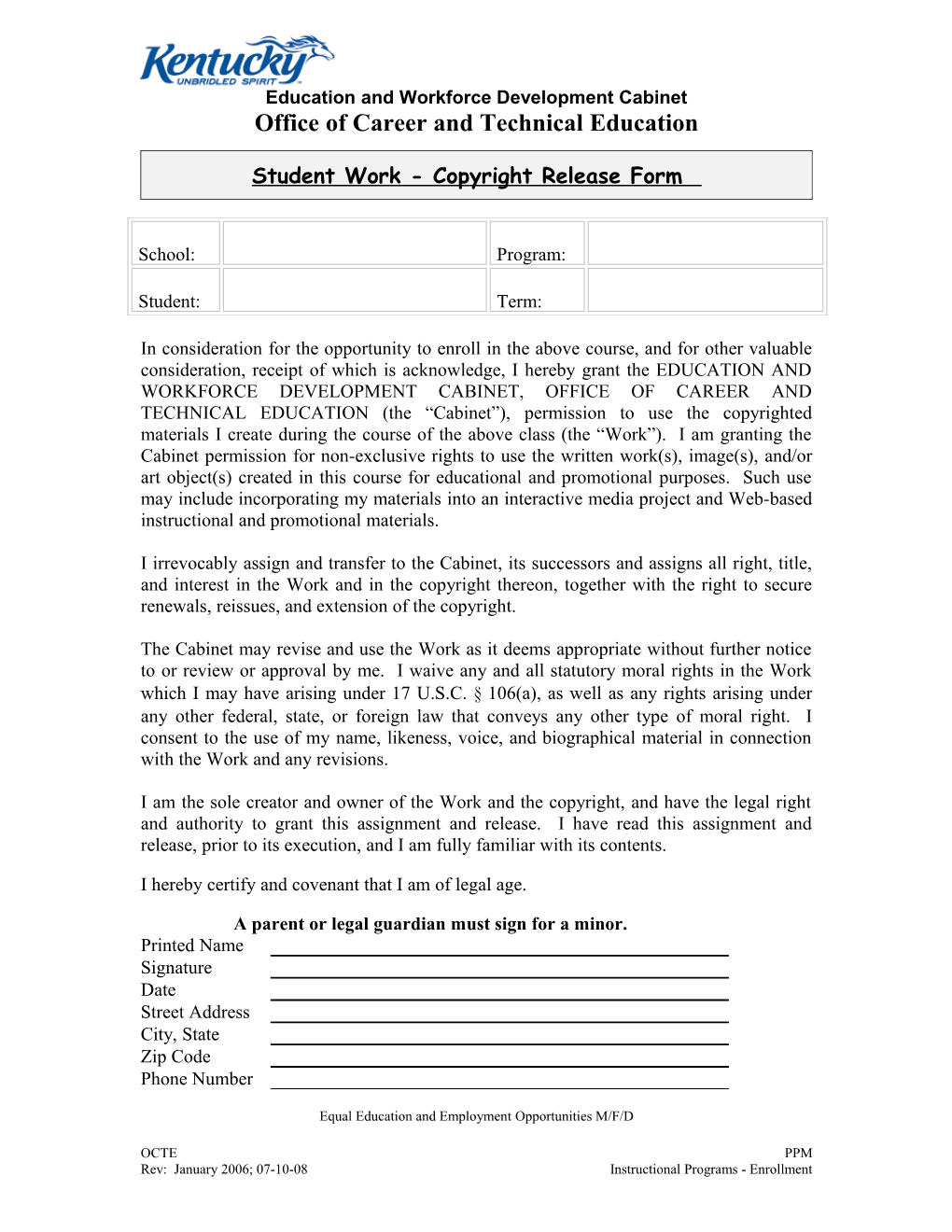 Copyright Release Form for Student Work