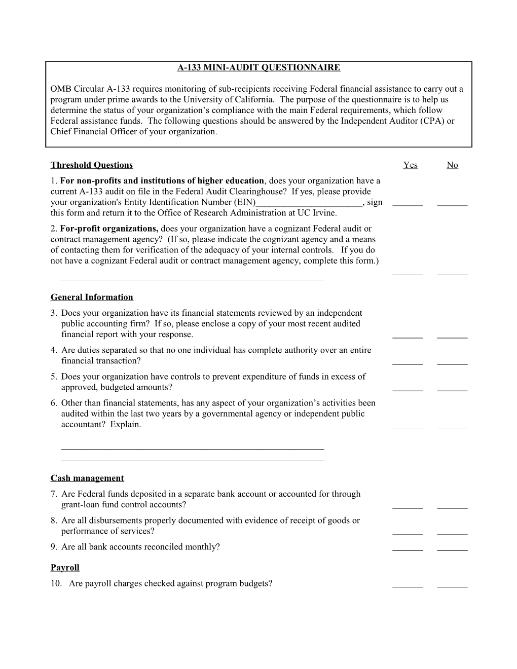 A-133 Mini-Audit Questionnaire