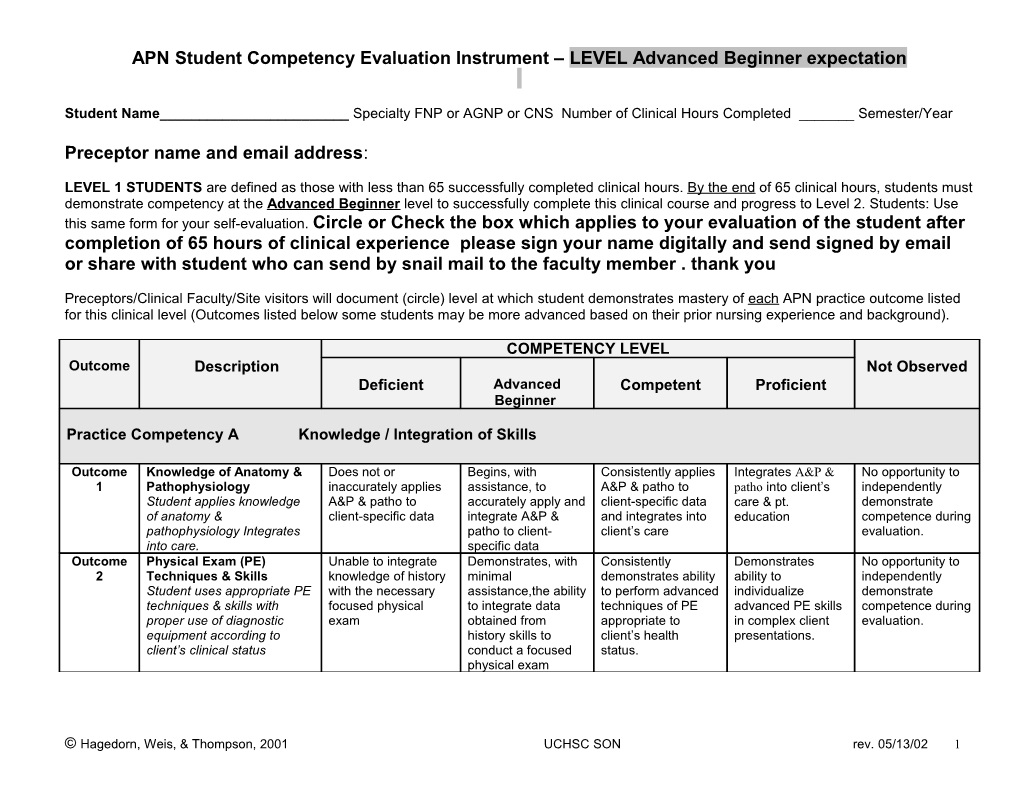 APN Student Competency Evaluation Instrument LEVEL Advanced Beginner Expectation