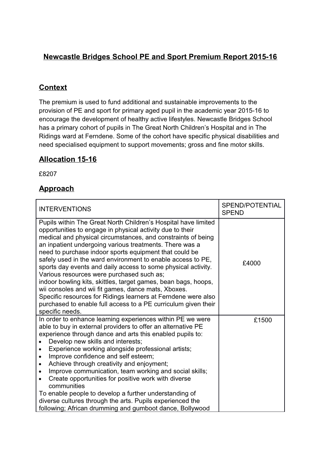 Newcastle Bridges School PE and Sport Premium Report 2015-16