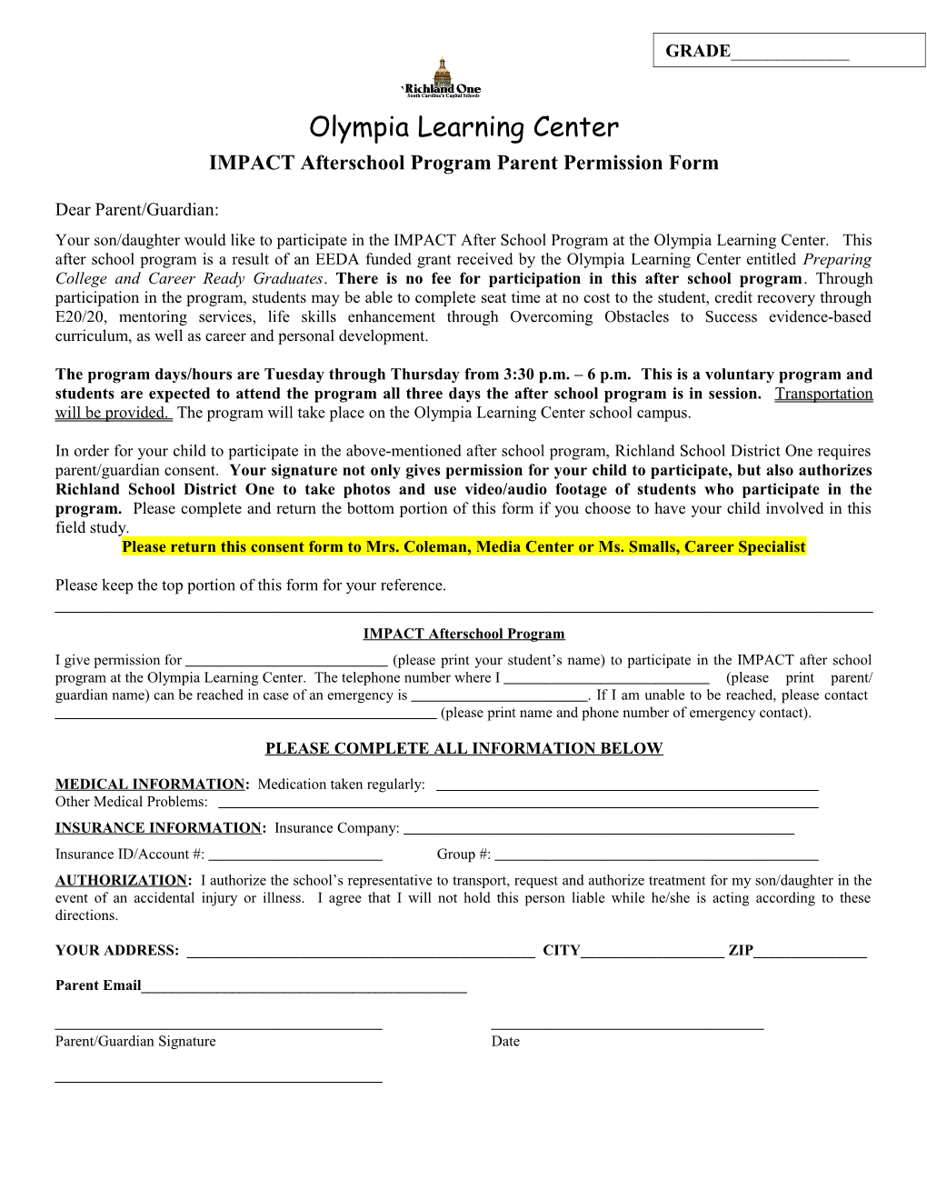 IMPACT Afterschool Program Parent Permission Form