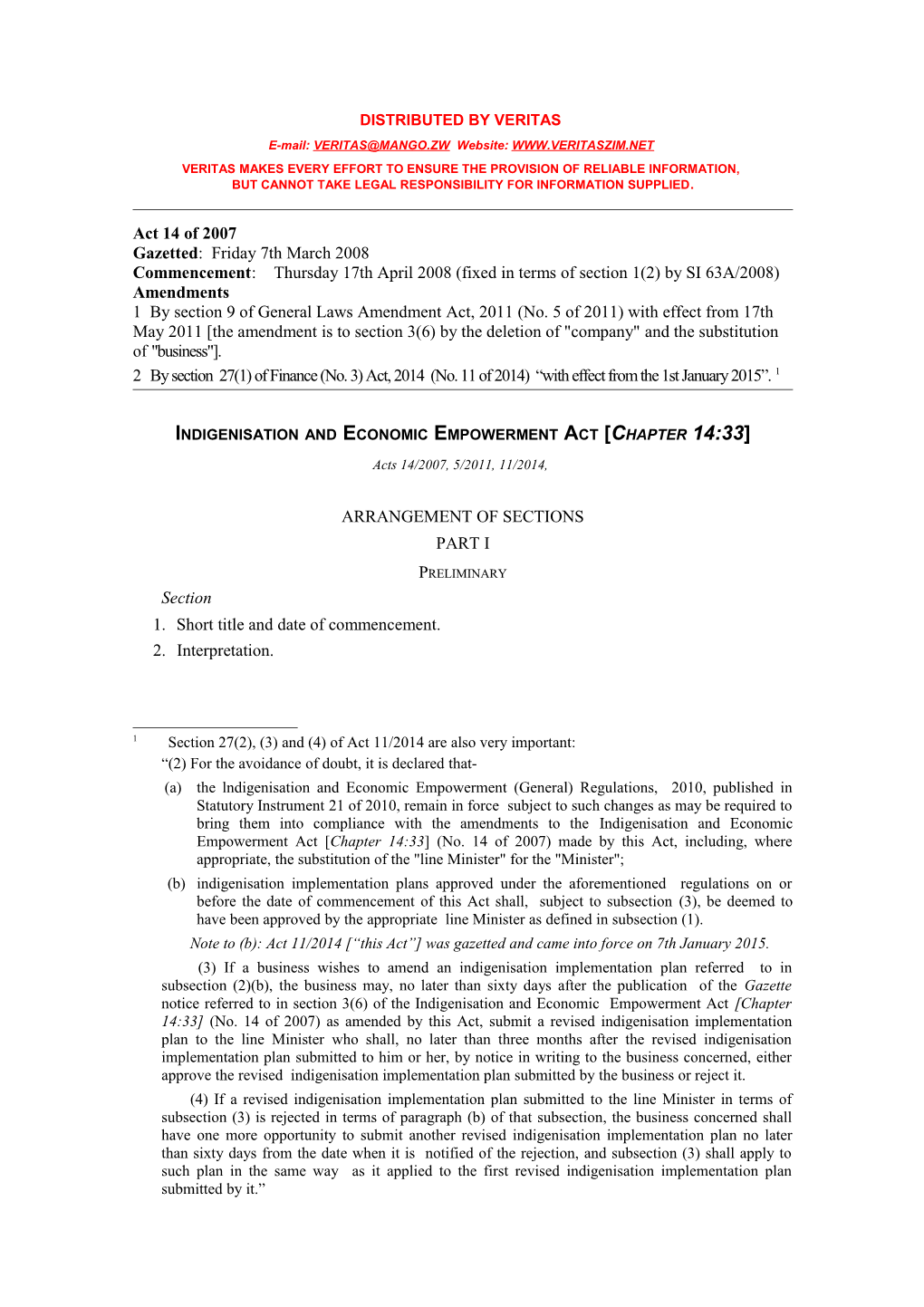 Indigenisation and Economic Empowerment Act Updated As at 8Th May 2015