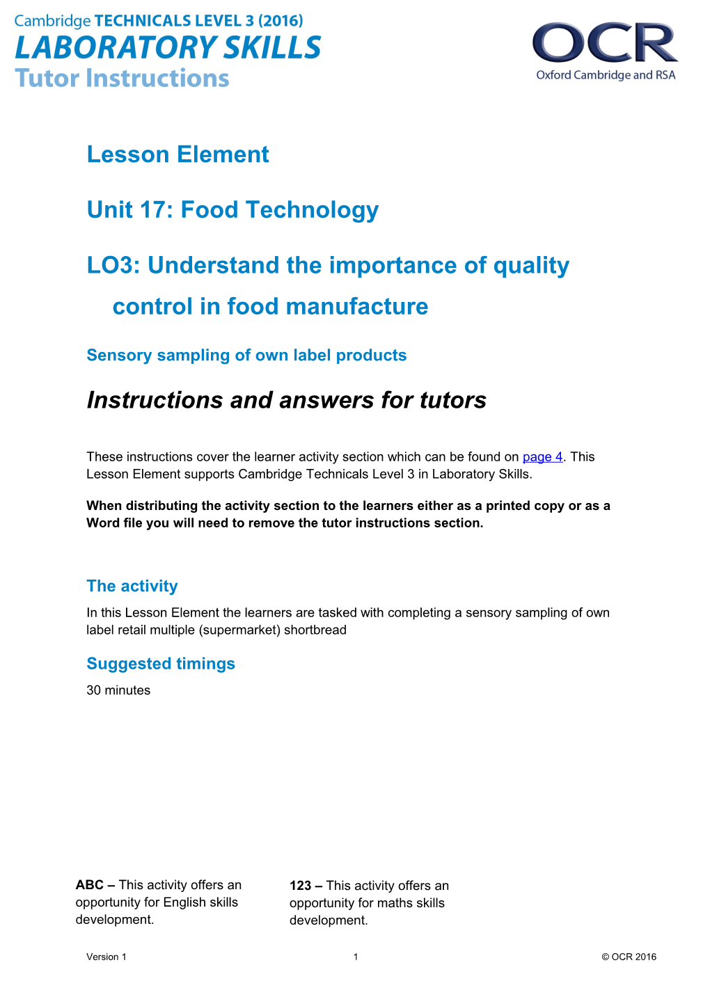 Cambridge Technicals Level 3 in Laboratory Skills Unit 17 Sensory Sampling