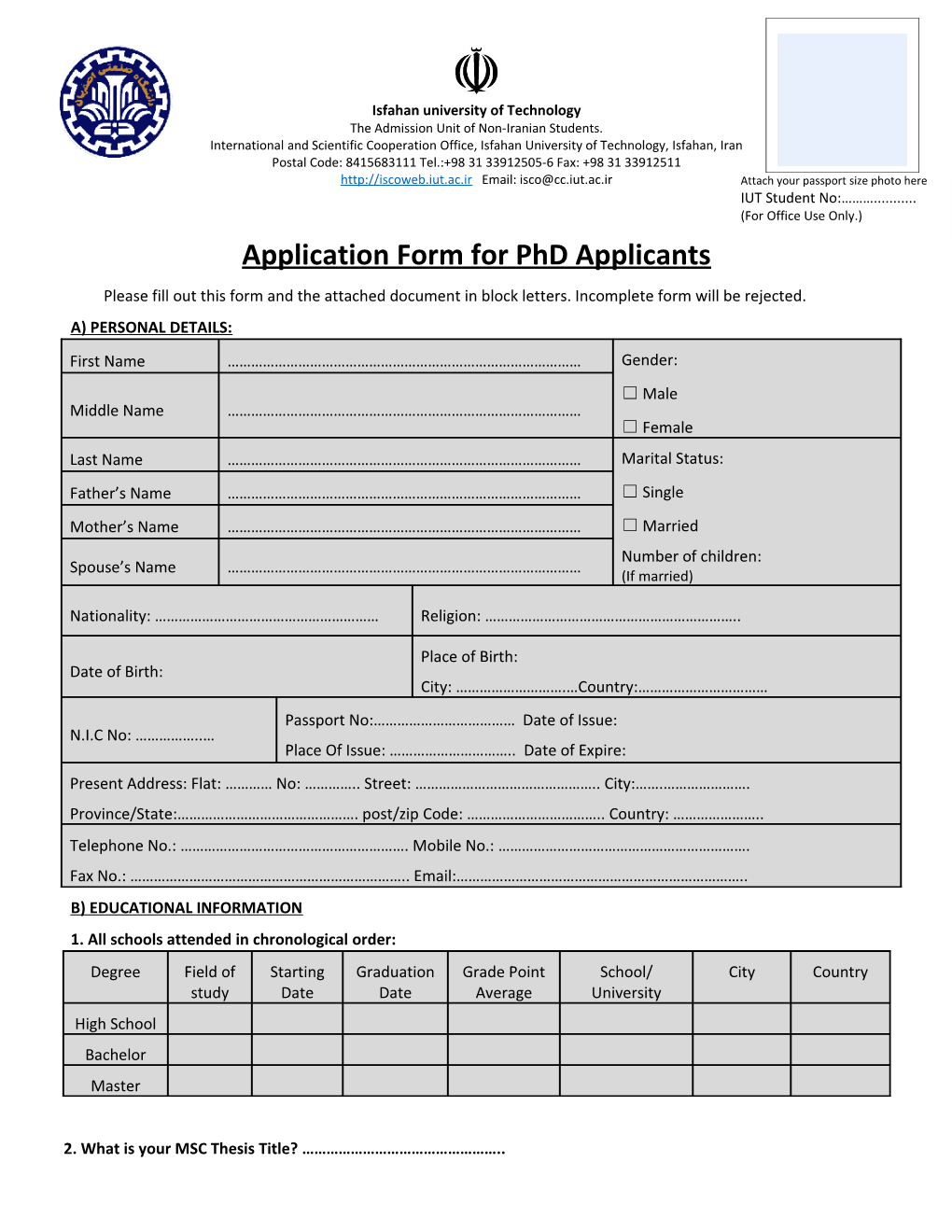 Application Form for Phd Applicants