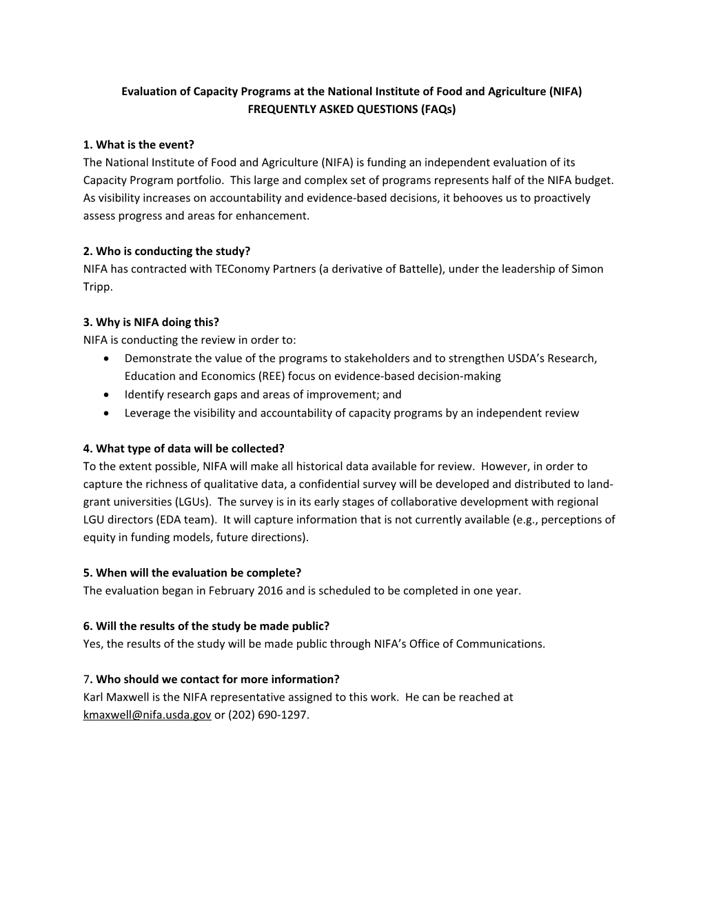 Evaluation of Capacity Programs at the National Institute of Food and Agriculture (NIFA)