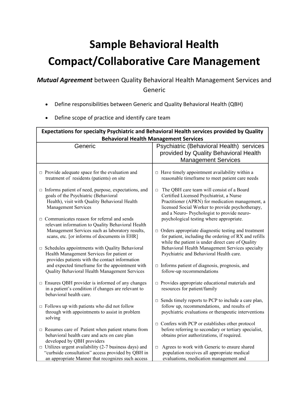 Sample Behavioral Health Compact/Collaborative Care Management