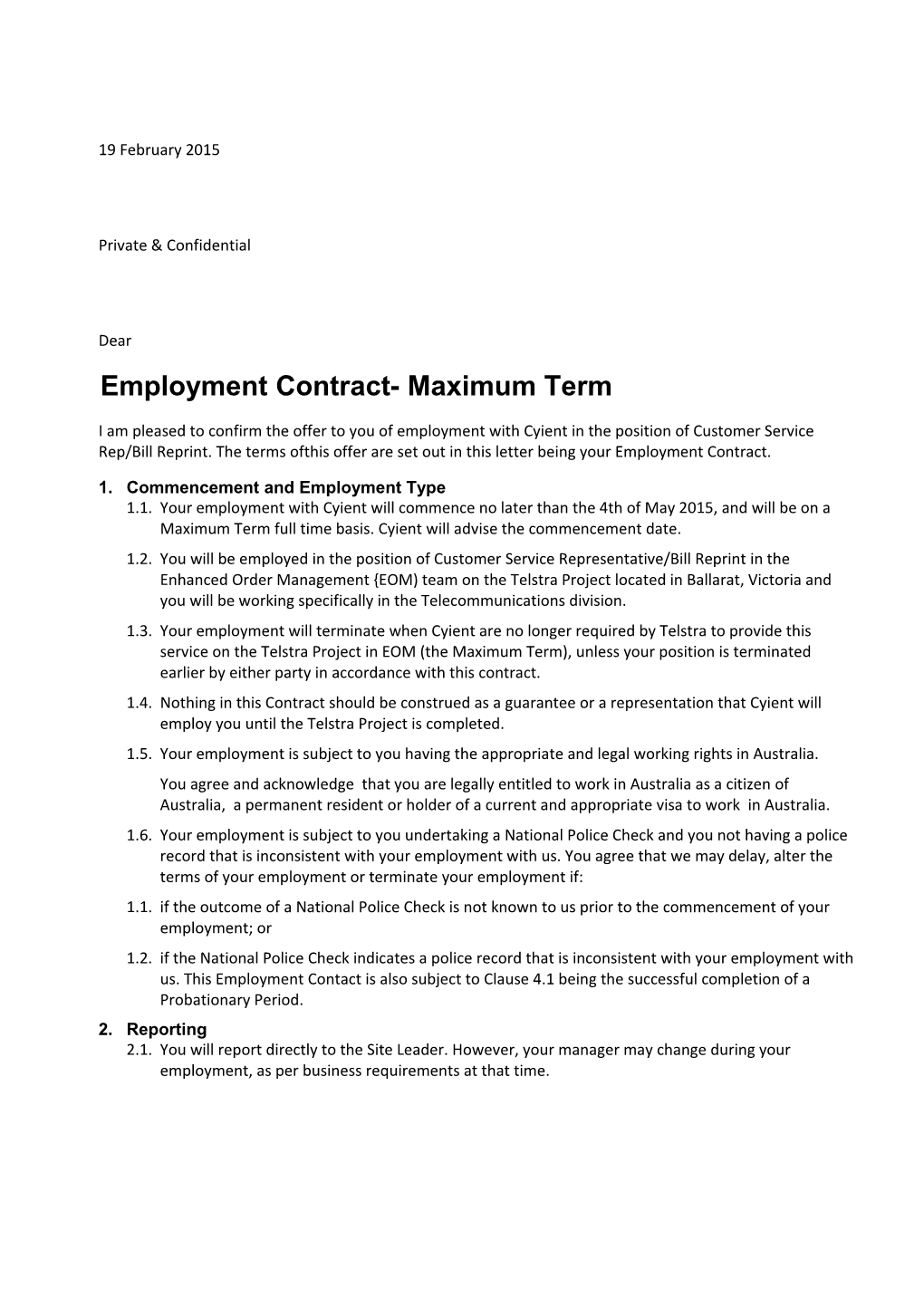 Employment Contract- Maximum Term