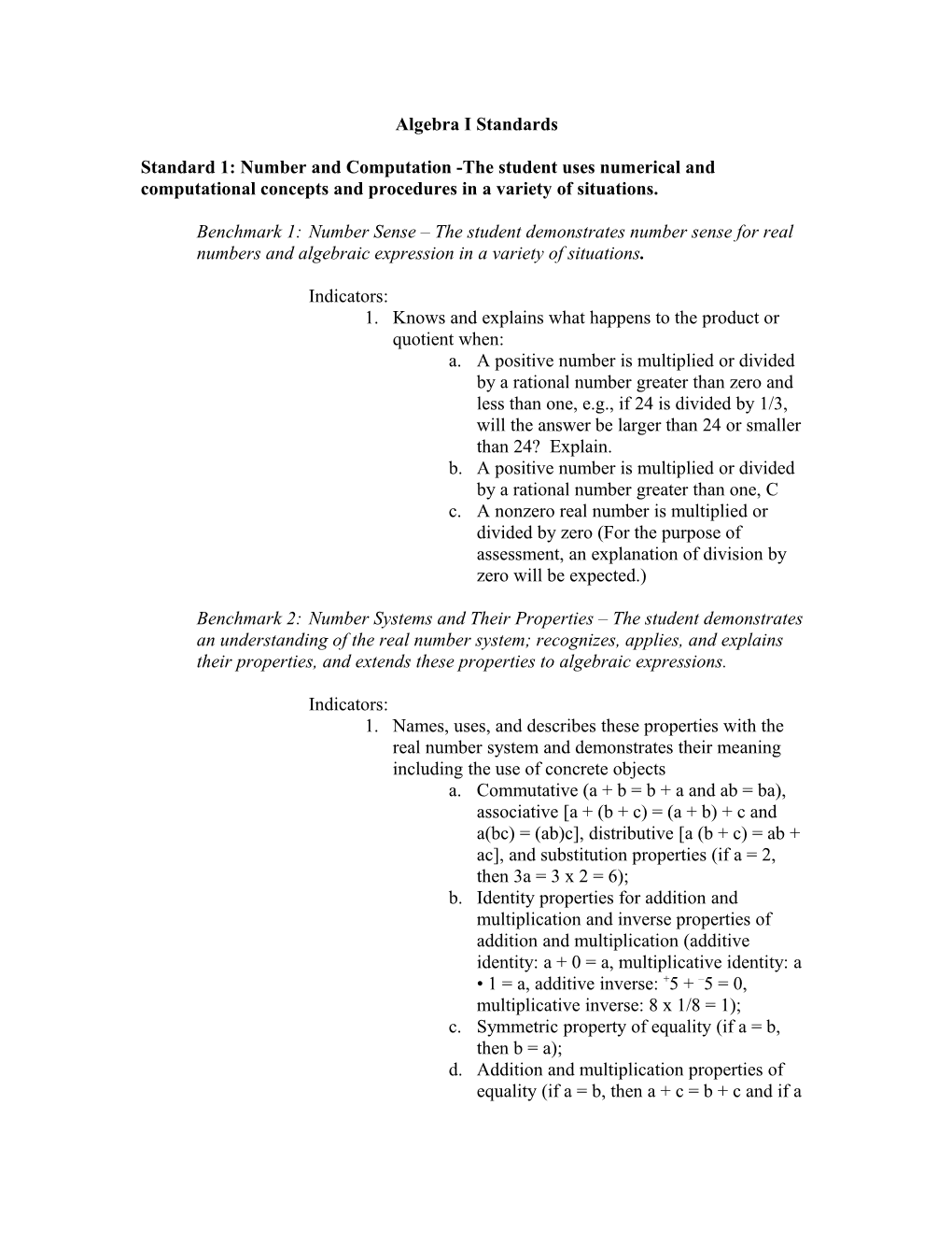 Algebra I Standards