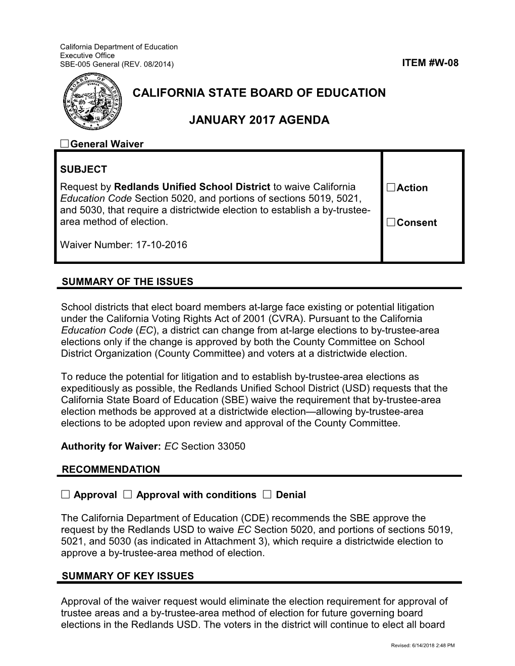 January 2017 Waiver Item W-08 - Meeting Agendas (CA State Board of Education)