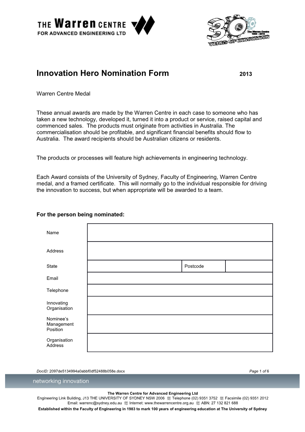 Innovation Hero Nomination Form 2013
