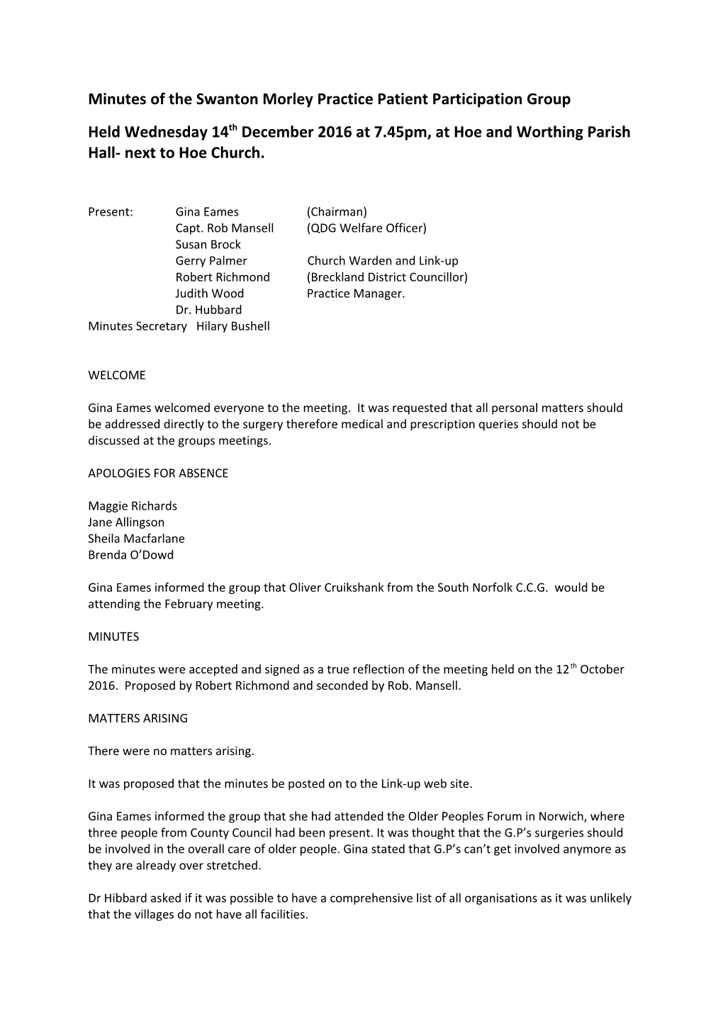 Minutes of the Swanton Morley Practice Patient Participation Group