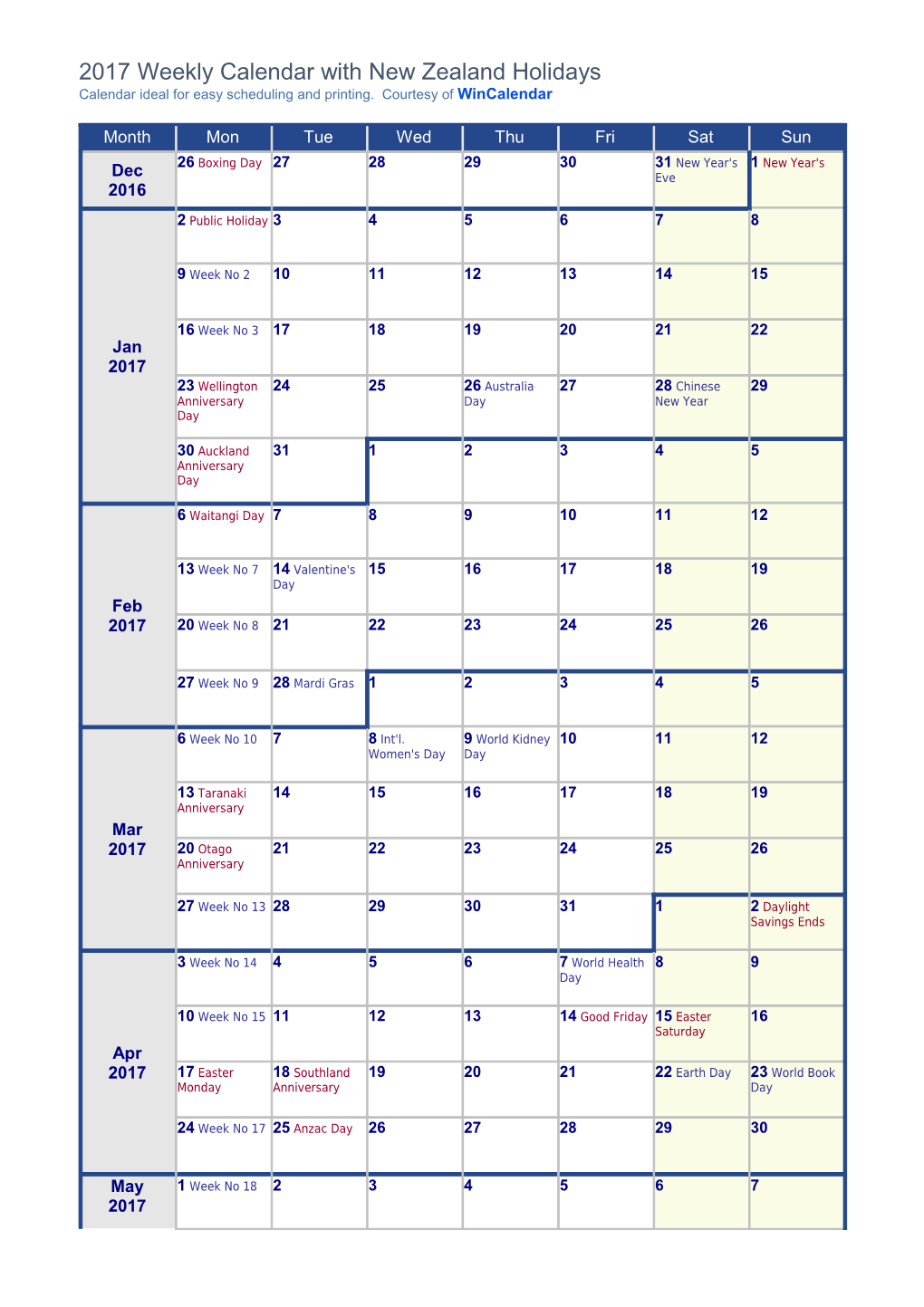 Weekly Calendar 2017 with Festive and National Holidays New Zealand