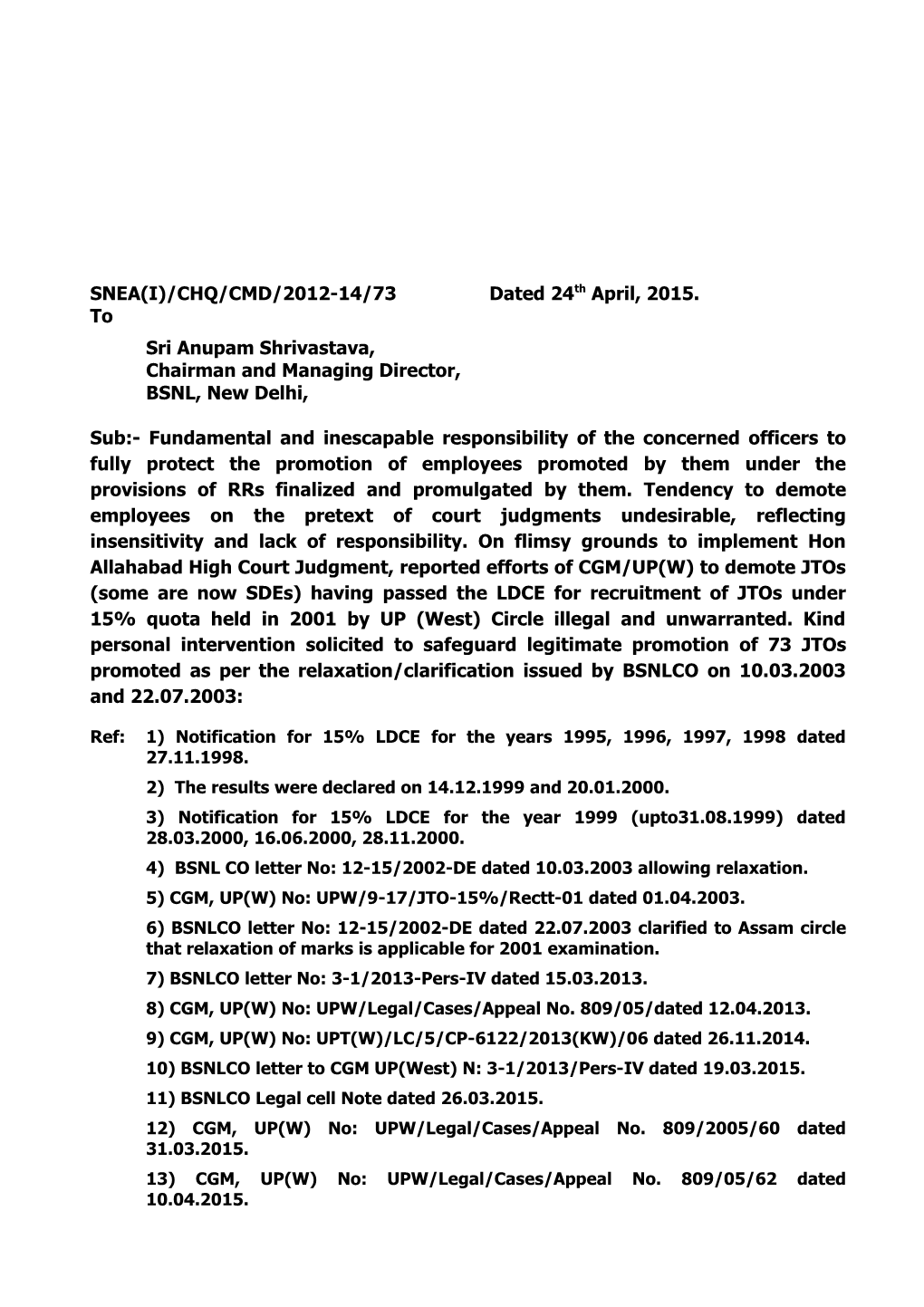 SNEA(I)/CHQ/CMD/2012-14/73 Dated 24Thapril, 2015