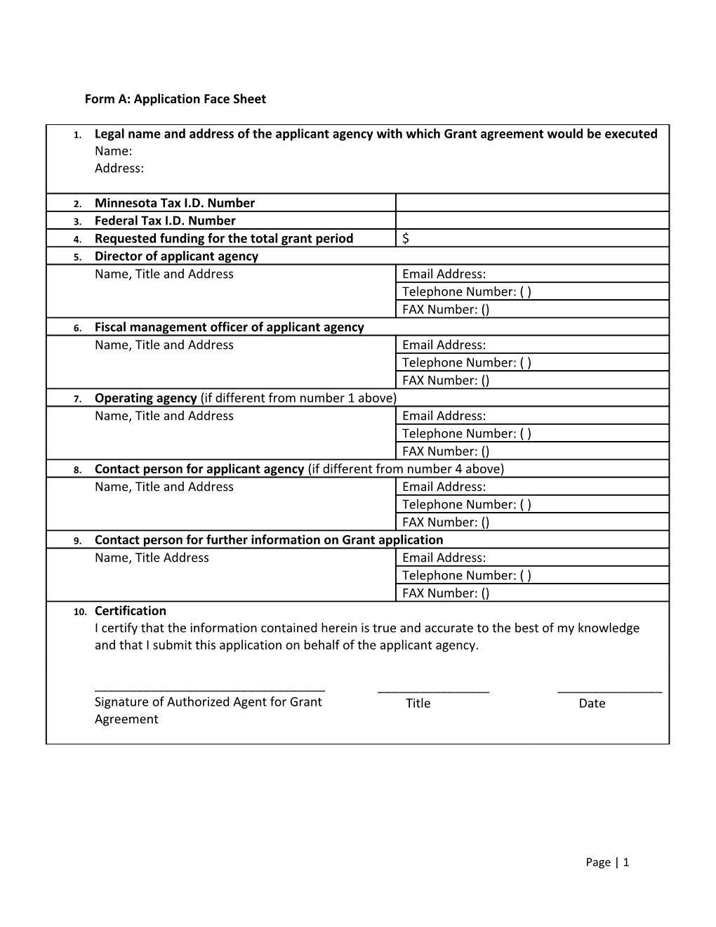 Form A: Application Face Sheet