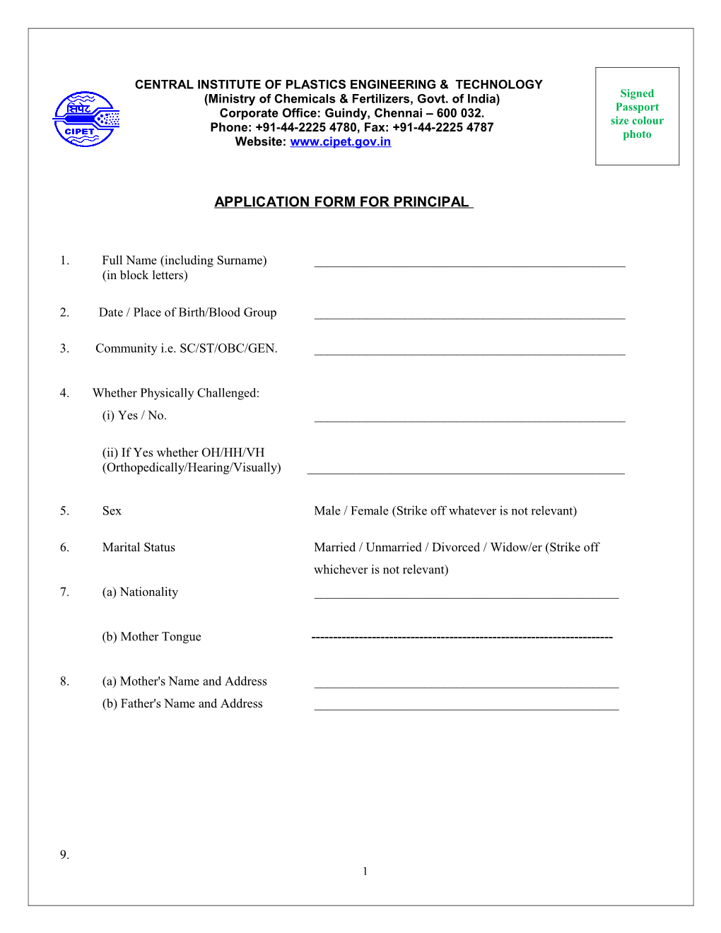 Application Form for Principal