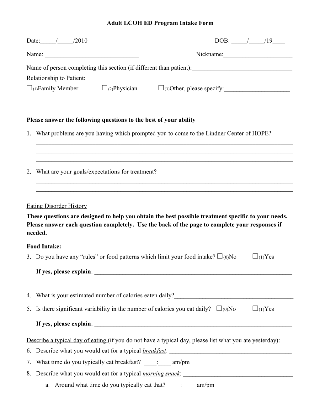 Adult LCOH ED Program Intake Form