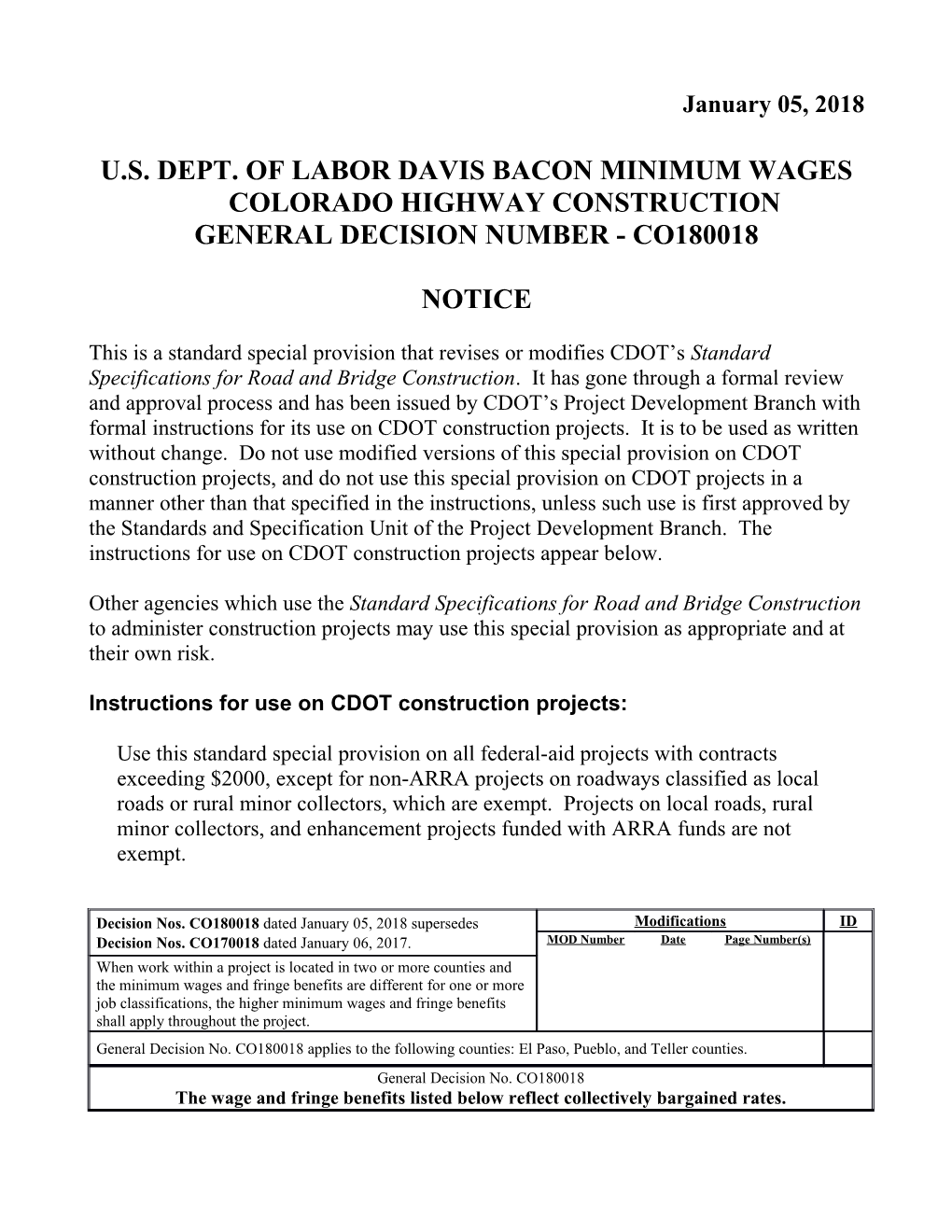 U.S. Dept. of Labordavis Bacon Minimum Wages Coloradohighway Construction