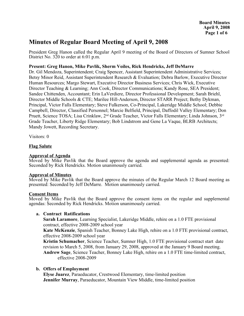 Minutes of Regular Board Meeting of April 9, 2008