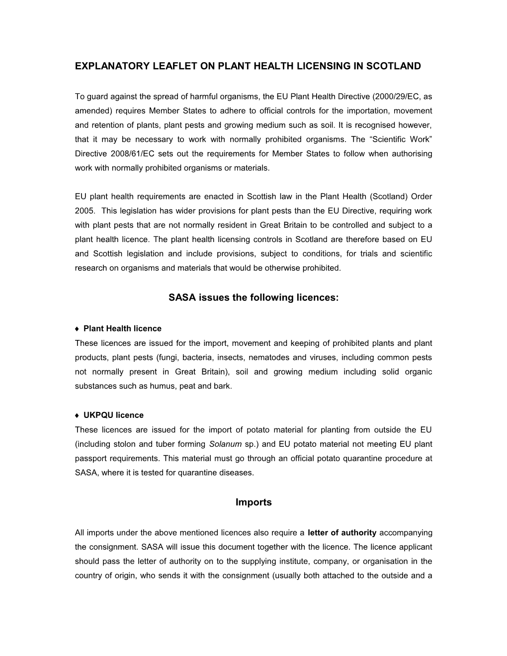 Explanatory Leaflet on Plant Health Licensing in Scotland