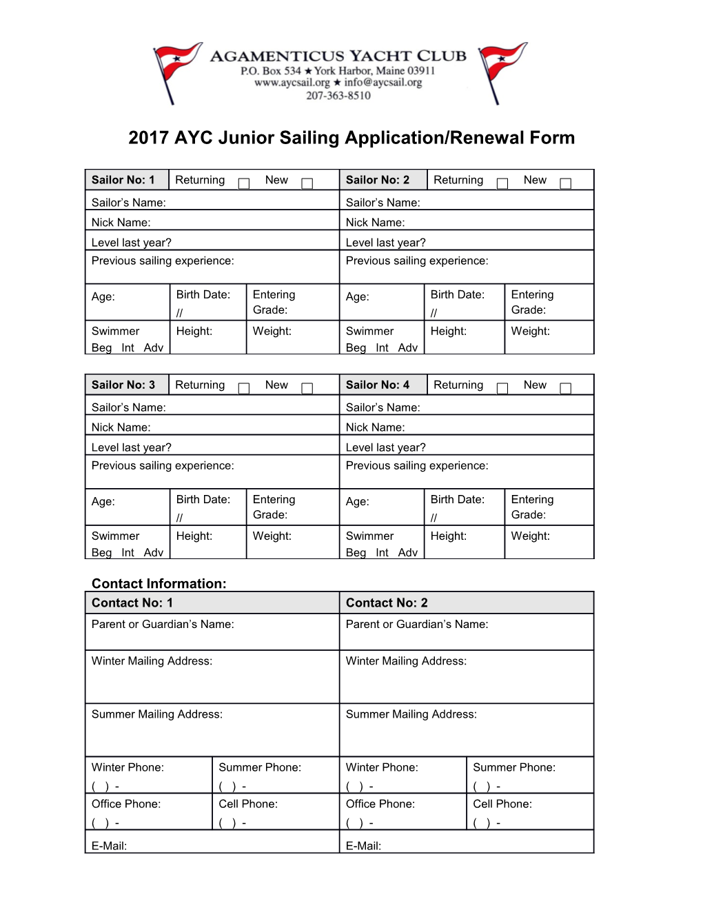 2004 AYC Sailing and Racing Lesson Application and Renewal Form