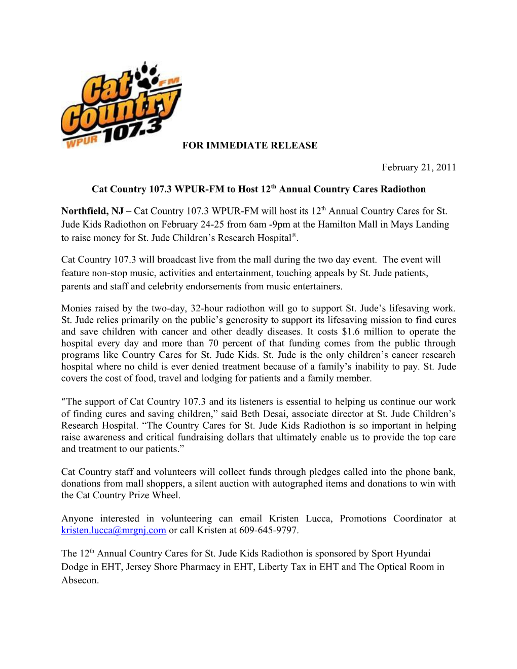 Cat Country 107.3 WPUR-FM to Host 12Th Annual Country Cares Radiothon