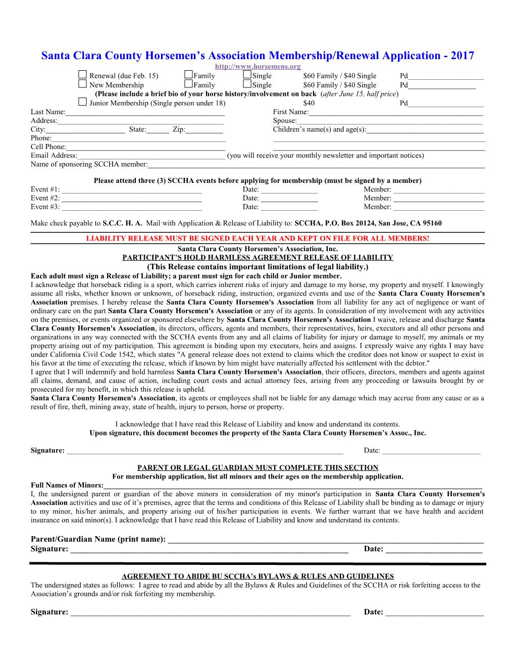 Santa Clara County Horsemen S Association Membership/Renewal Application - 2017