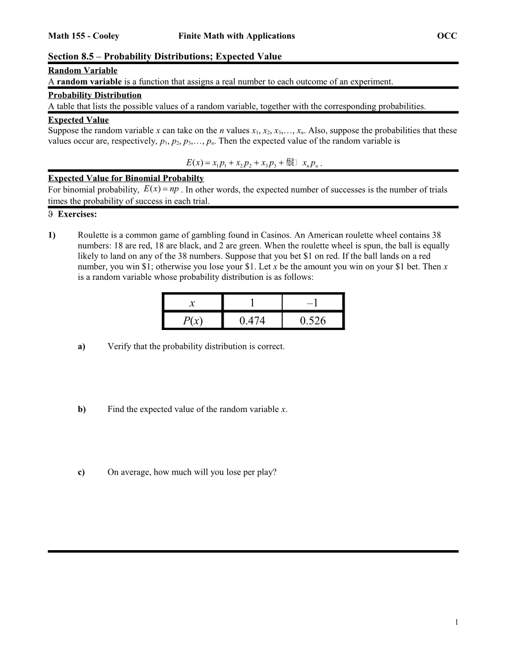 Math 155 - Cooley Finite Math with Applications OCC