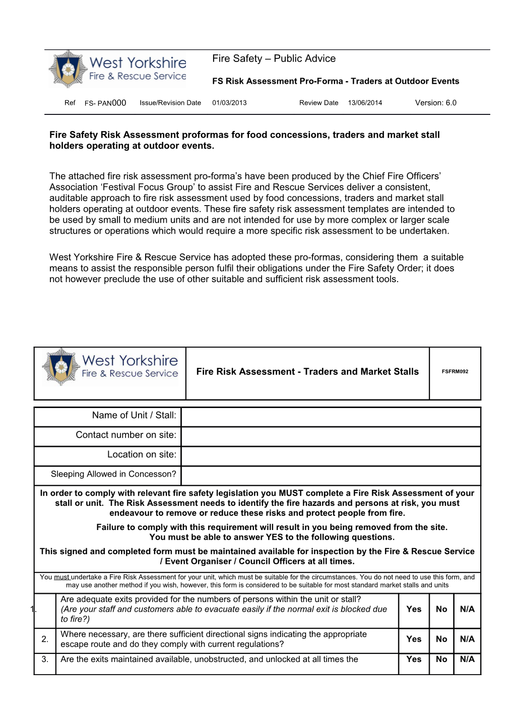 FS Risk Assessment Pro-Forma - Traders at Outdoor Events