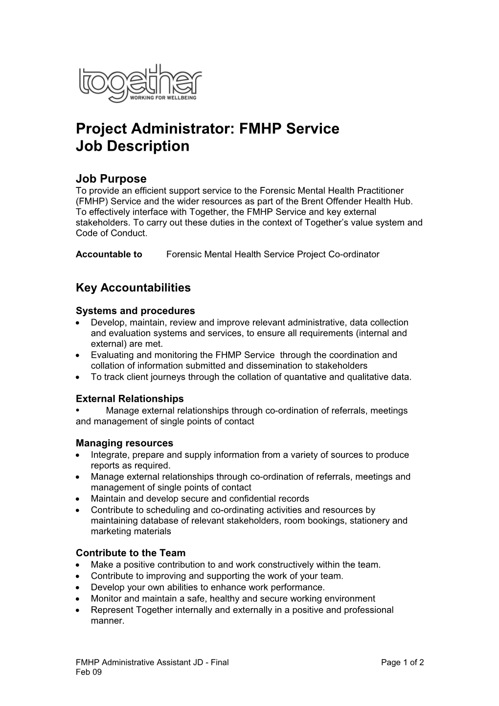 Project Administrator: FMHP Service
