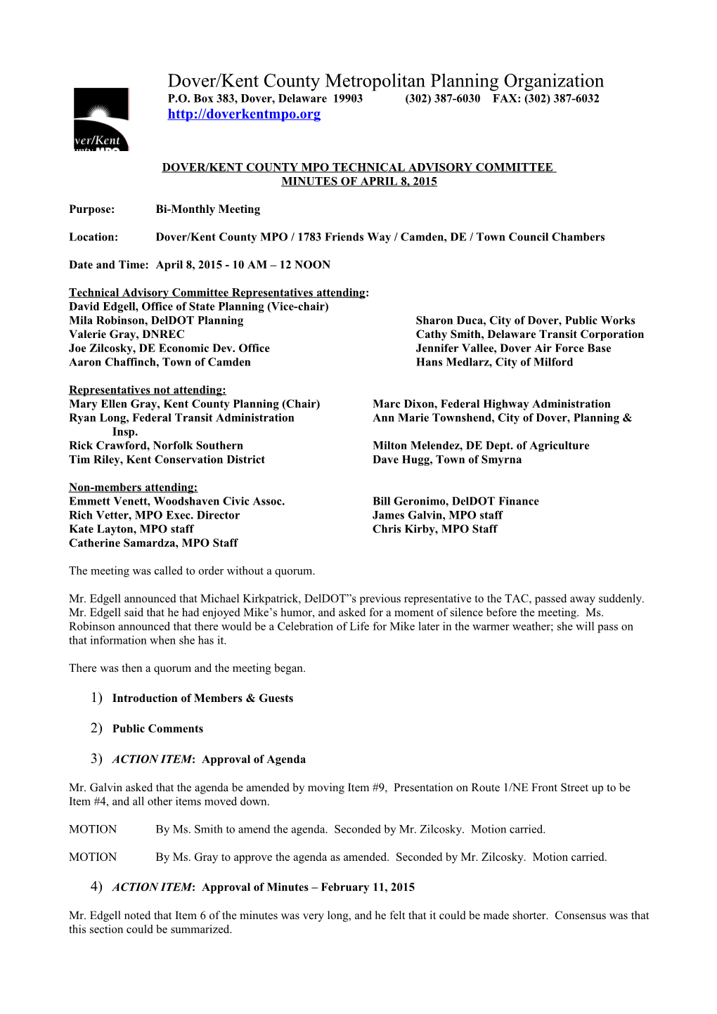 Dover/Kent County Mpo Technical Advisory Committee