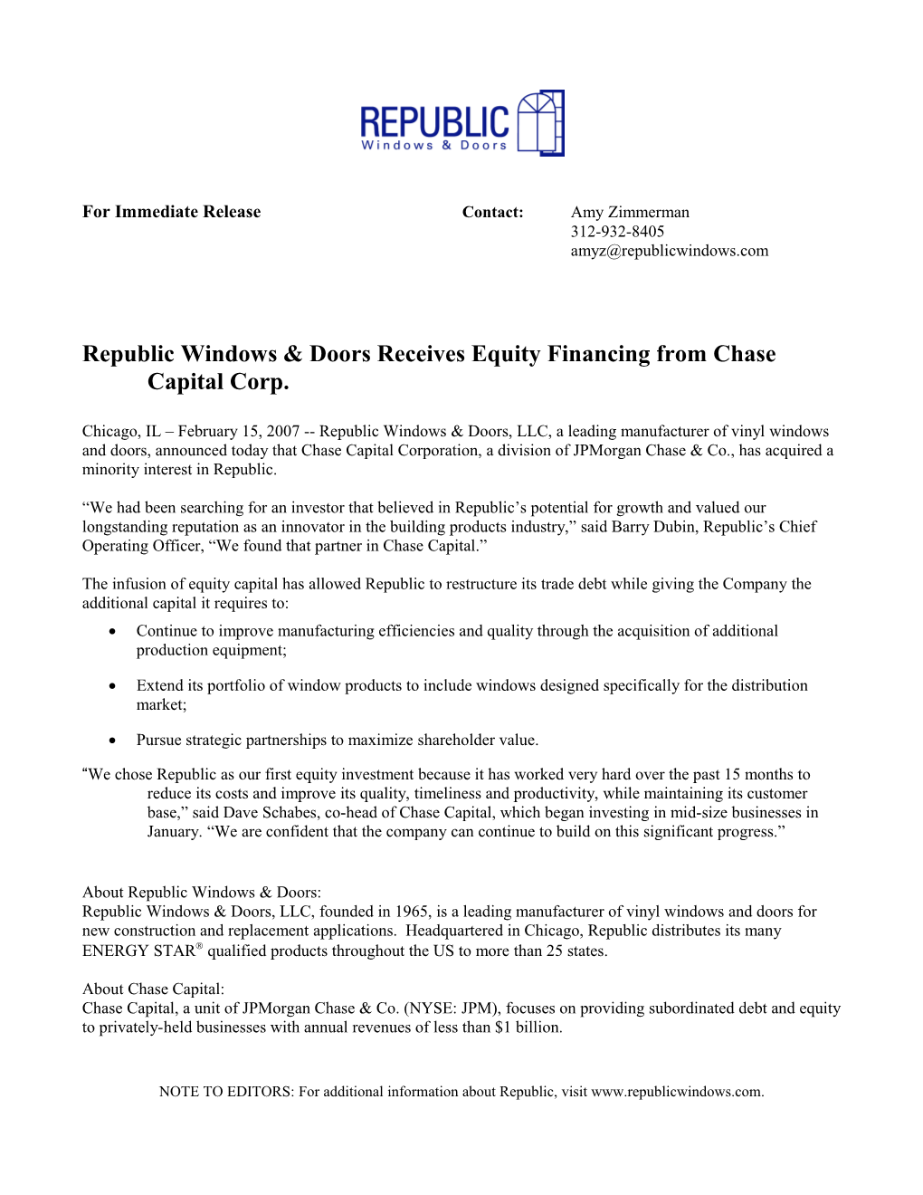 Republic Windows & Doors Receives Equity Financing from Chase Capital Corp