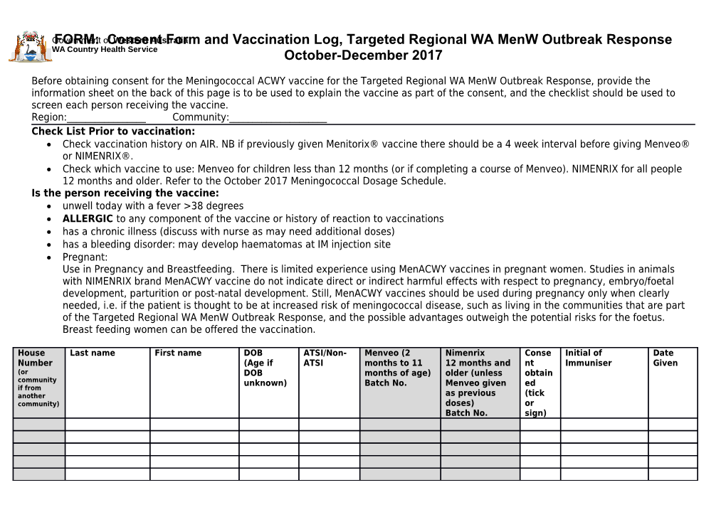 Check List Prior to Vaccination