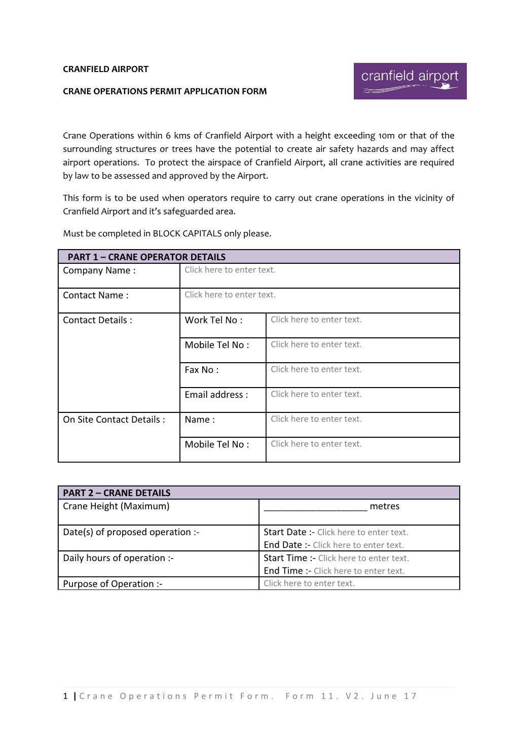 Crane Operations Permit Application Form