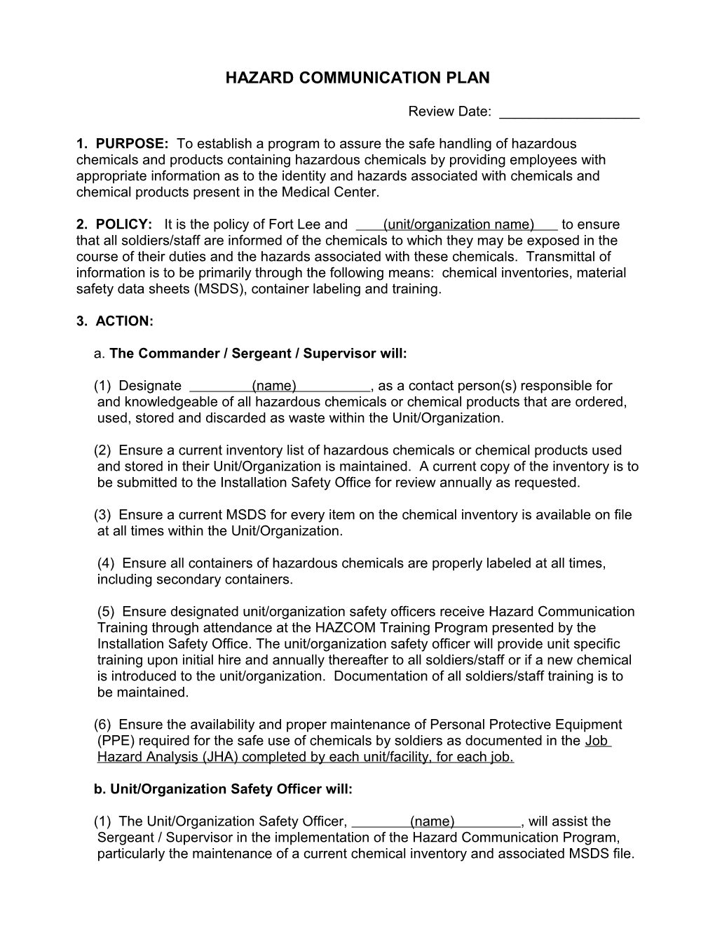 Hazard Communication Unit Plan