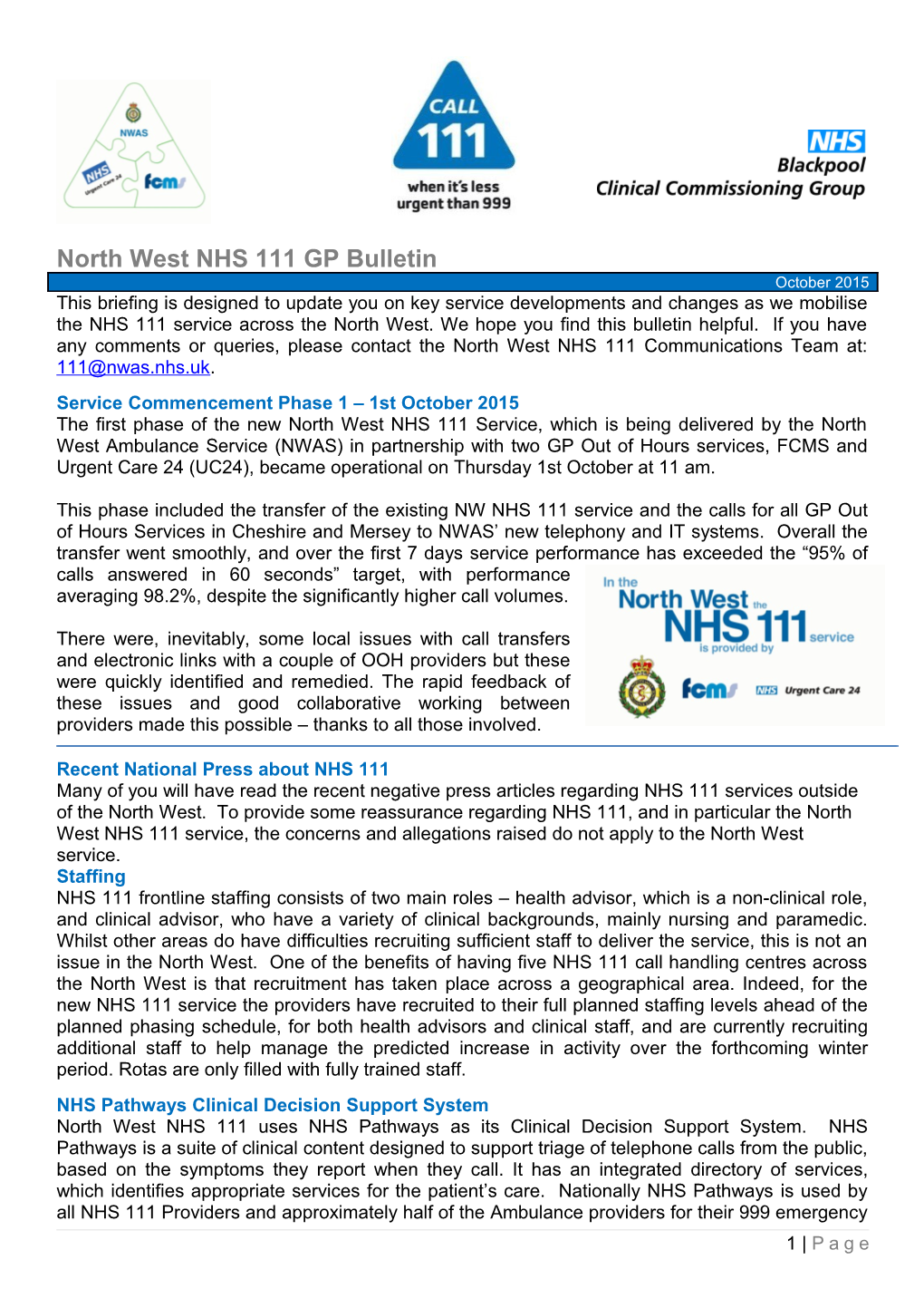 North West NHS 111 GP Bulletin
