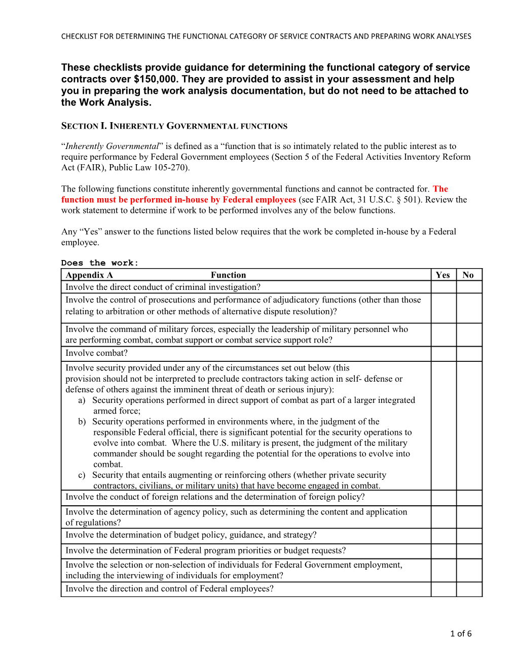 Section I. Inherently Governmental Functions