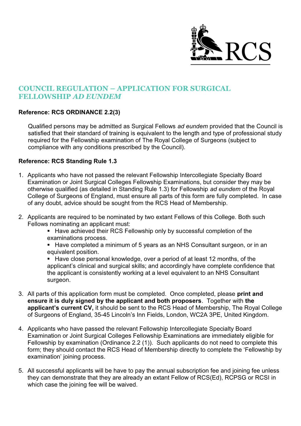 Council Regulation Application for Surgical Fellowship Ad Eundem