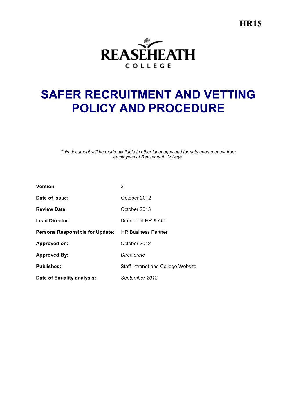 Safer Recruitment and Vetting Policy and Procedure