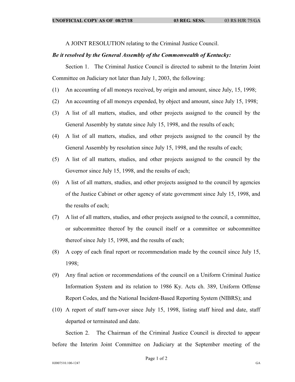 A JOINT RESOLUTION Relating to the Criminal Justice Council